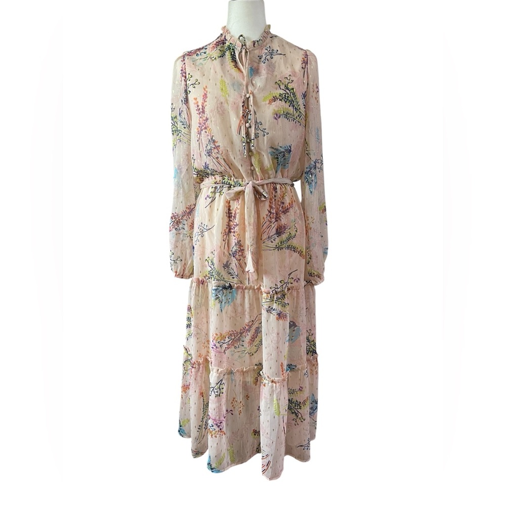 Autres Filles Light Pink Floral Tiered Long Sleeve Maxi Dress  US M